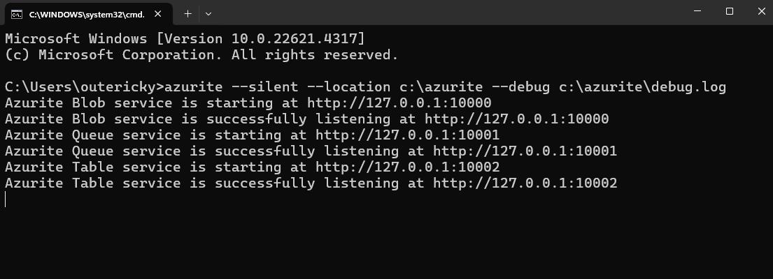 Running the Azurite emulator in the console
