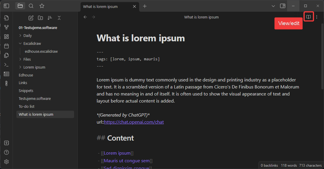 Obsidian – Zobrazení a editace poznámky
