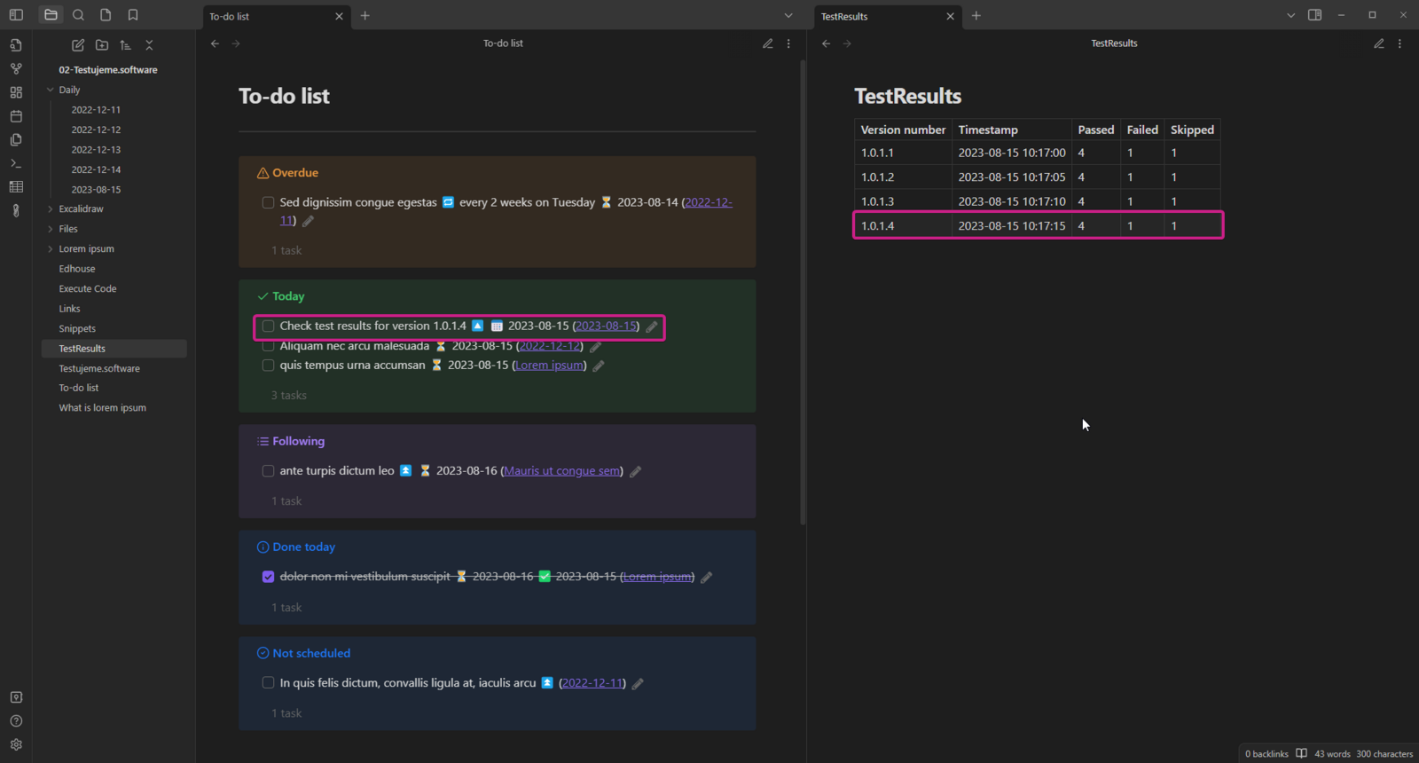 Ukázka sledování výsledků testů v Obsidianu