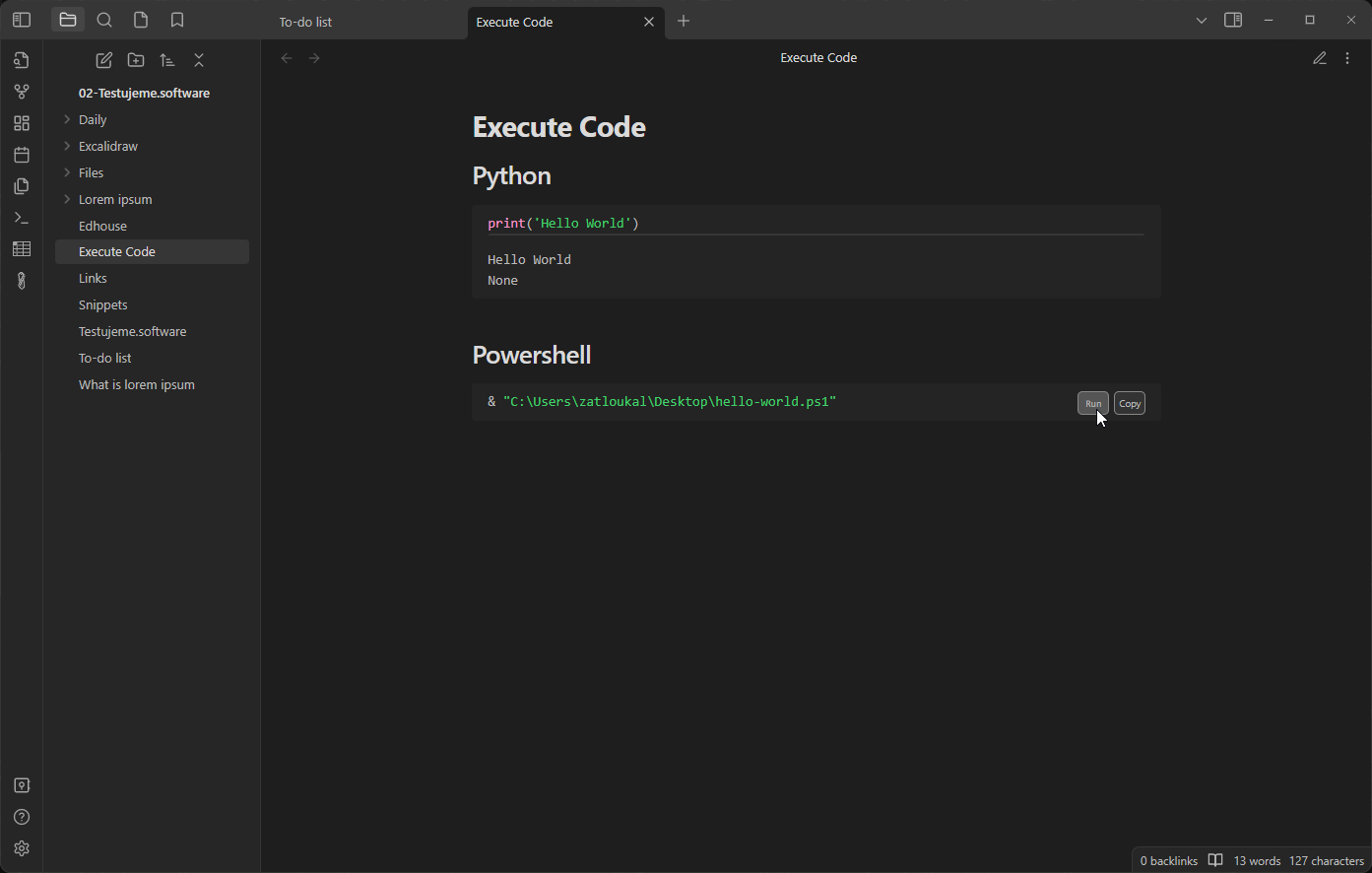 Spouštění kódu v Obsidianu