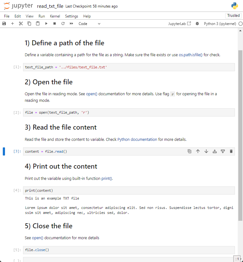 Jupyter Notebook – ukázka návodu na přečtení obsahu textového souboru